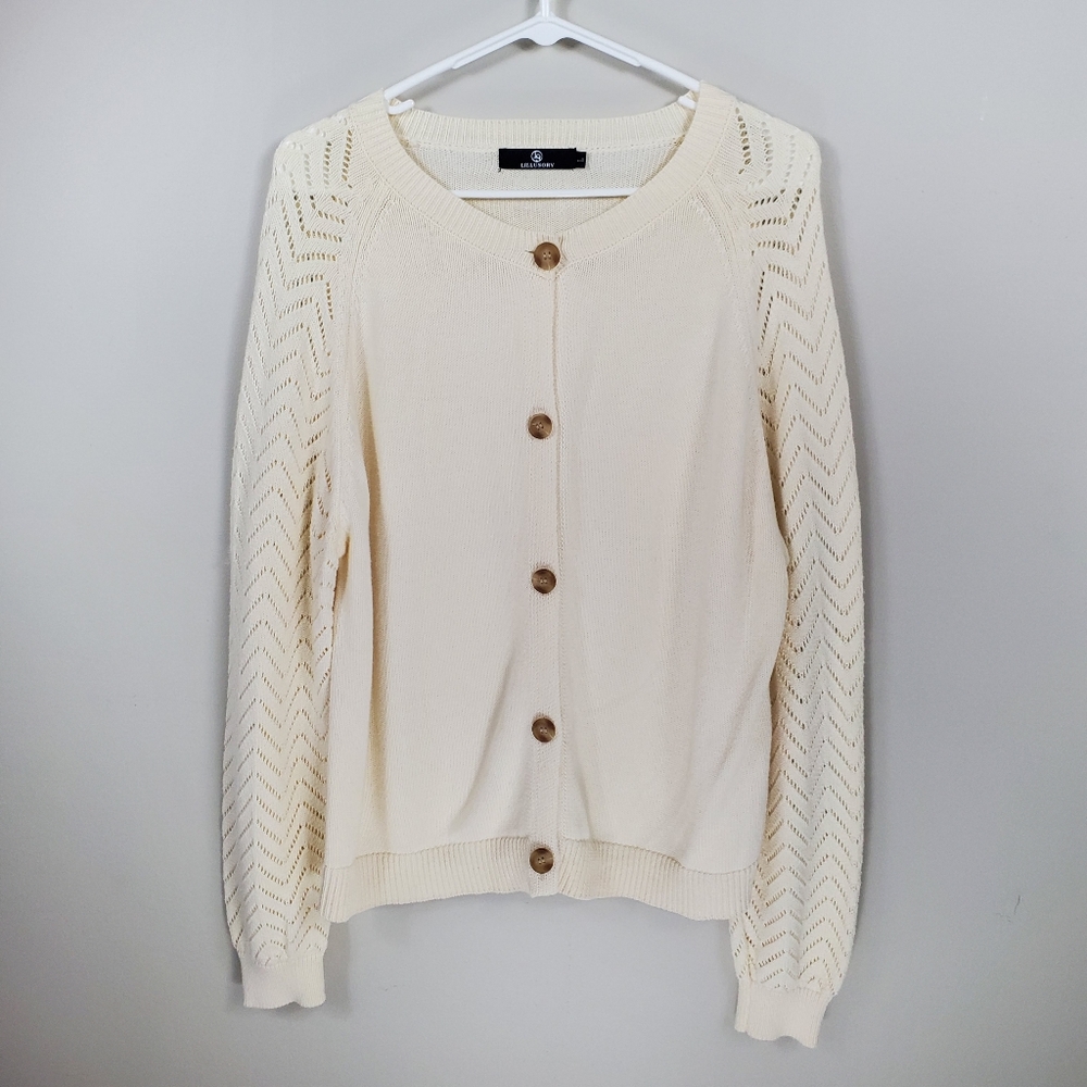Lillusory Size L Cream Button Front Ribbed Knit Chevron Sleeve Sweater Cardigan